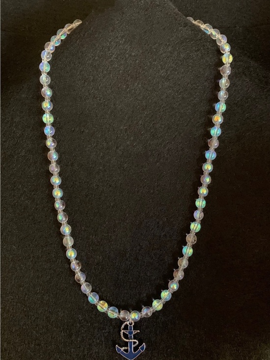 Jewelry - Iridescent Glass Bead Necklace with Blue Anchor Pendant